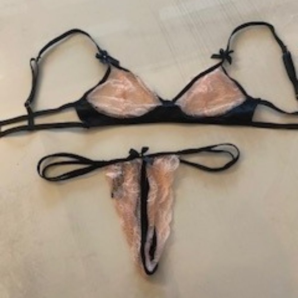Rene Rofe Pink and Black Lace Triangle Bralette & G-String Set